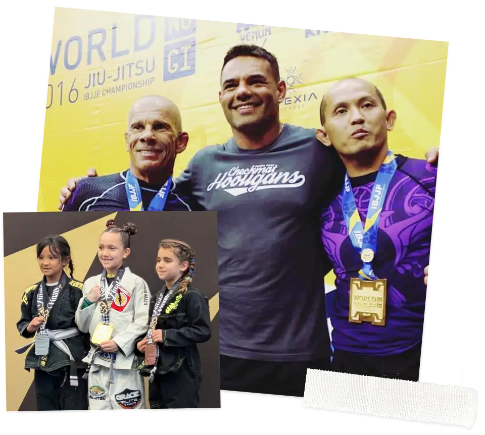 Happy Beda Brazilian Jiu-Jitsu competitors showing off their medals